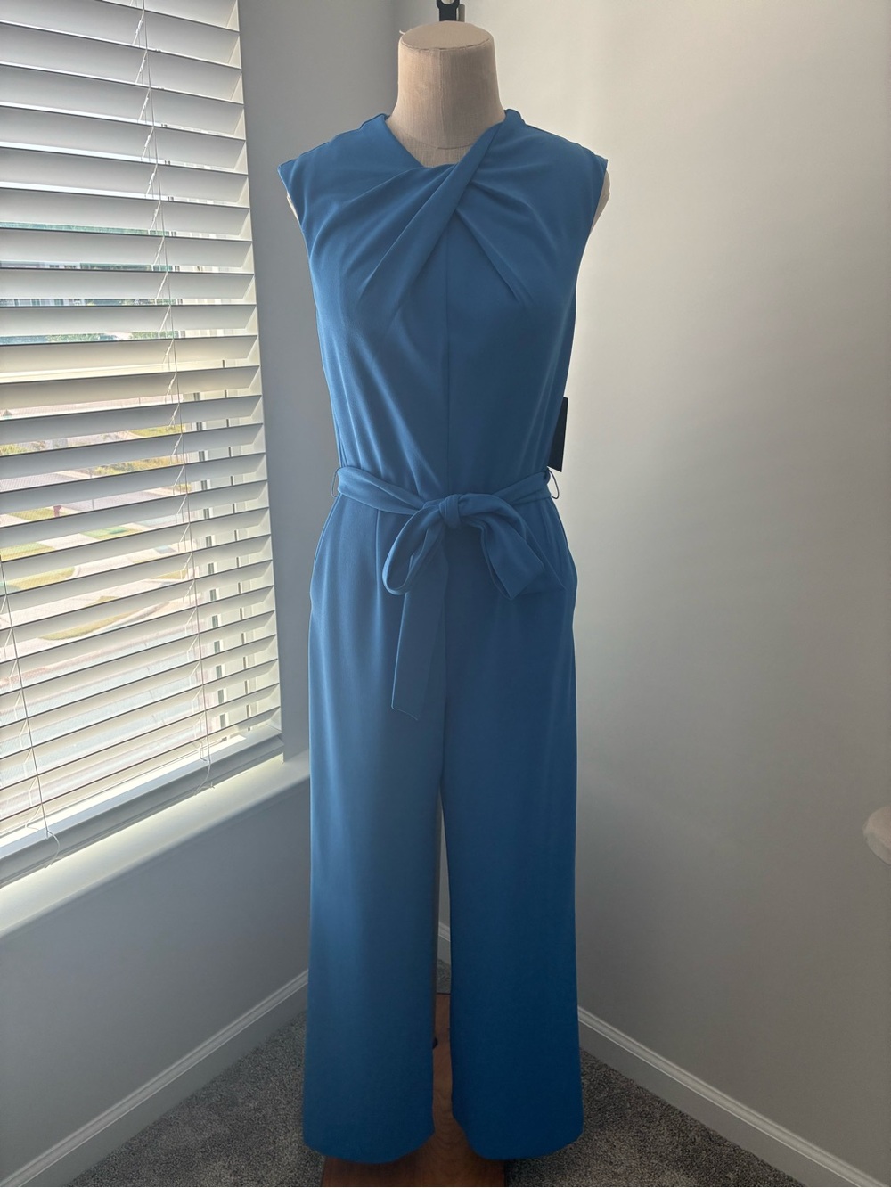 NWT Tahari ASL Women's Scuba Crepe Cross Neck Atlantic Blue Jumpsuit